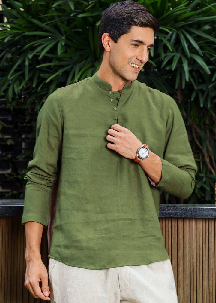 Shurta - Pure Linen Full Sleeve Short Kurta Shirt - Cossack Green