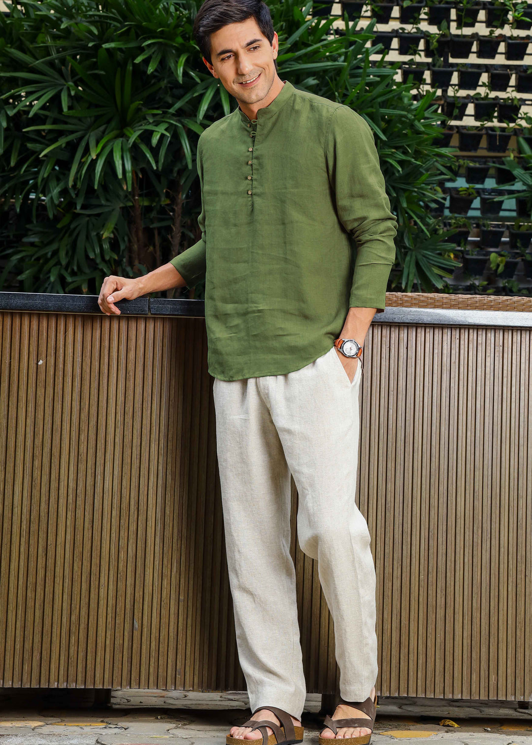 Shurta - Pure Linen Full Sleeve Short Kurta Shirt - Cossack Green