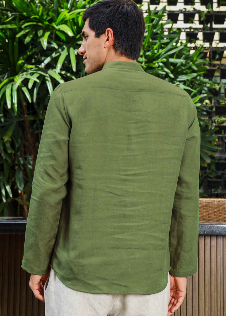 Shurta - Pure Linen Full Sleeve Short Kurta Shirt - Cossack Green