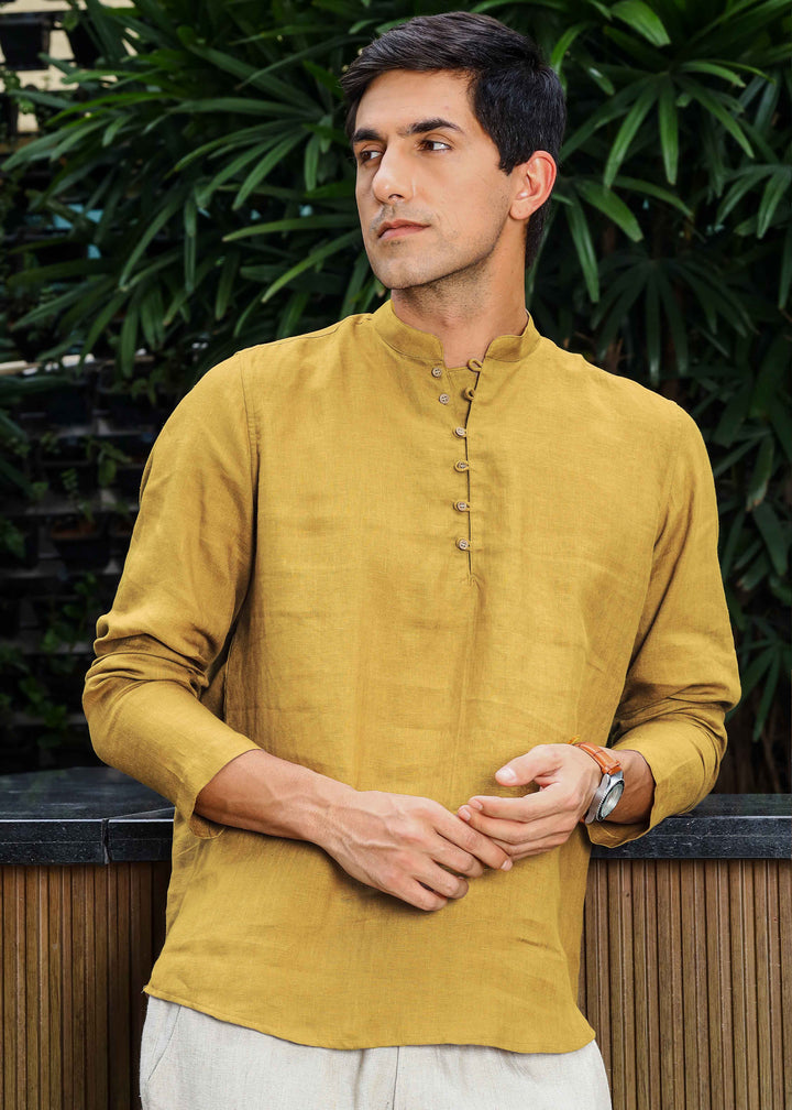 Shurta - Pure Linen Full Sleeve Short Kurta Shirt - Sunburst Yellow