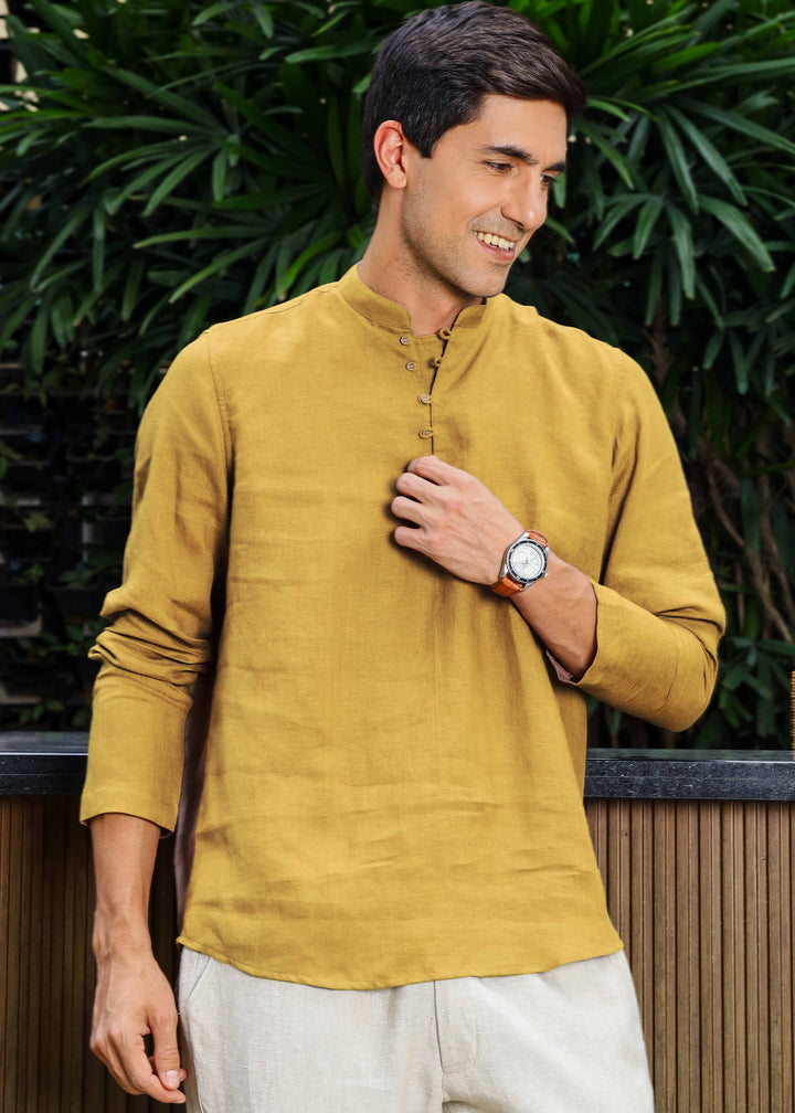 Shurta - Pure Linen Full Sleeve Short Kurta Shirt - Sunburst Yellow