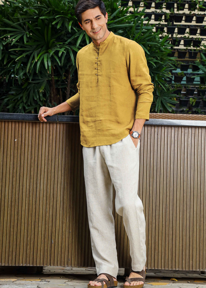 Shurta - Pure Linen Full Sleeve Short Kurta Shirt - Sunburst Yellow