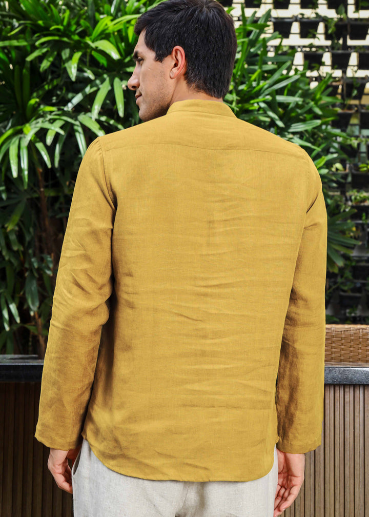 Shurta - Pure Linen Full Sleeve Short Kurta Shirt - Sunburst Yellow