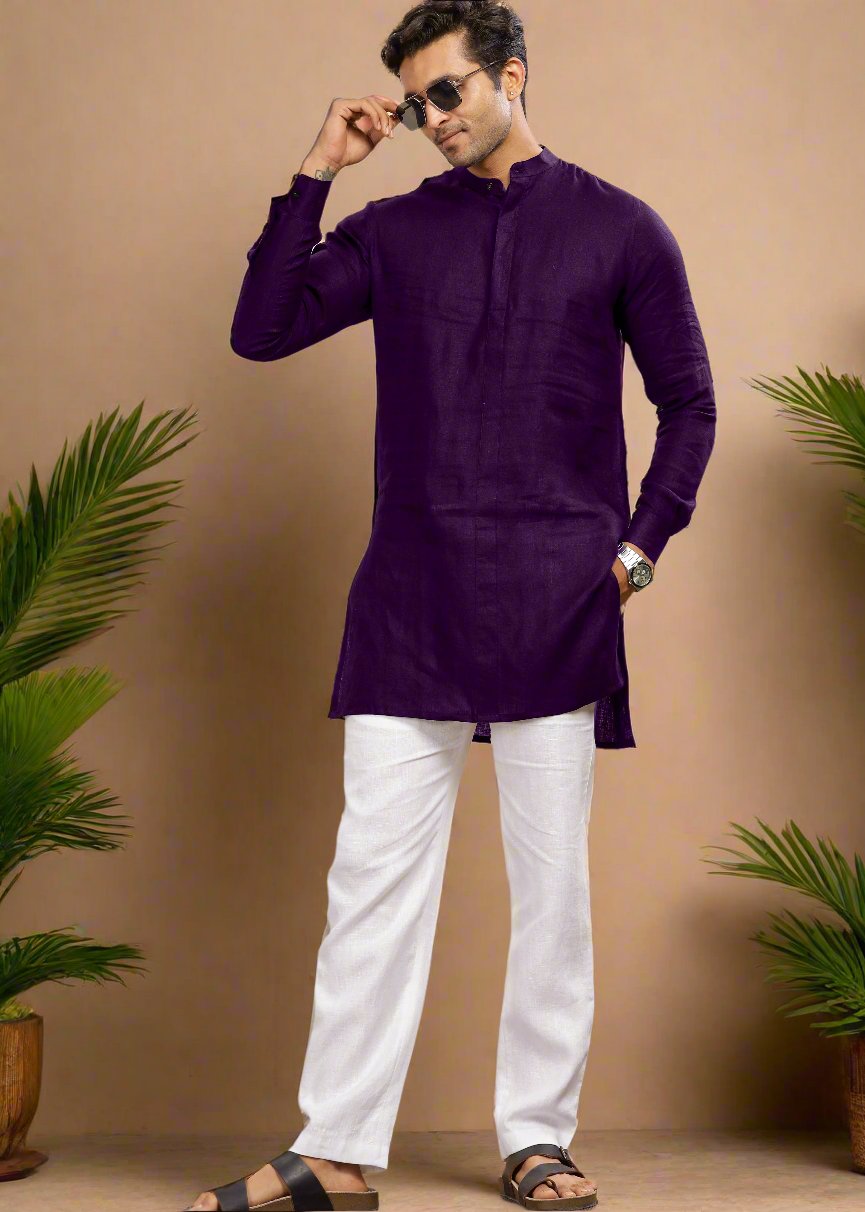 Sid Kurta - Pure Linen Long Kurta with Concealed Placket | Dark Purple