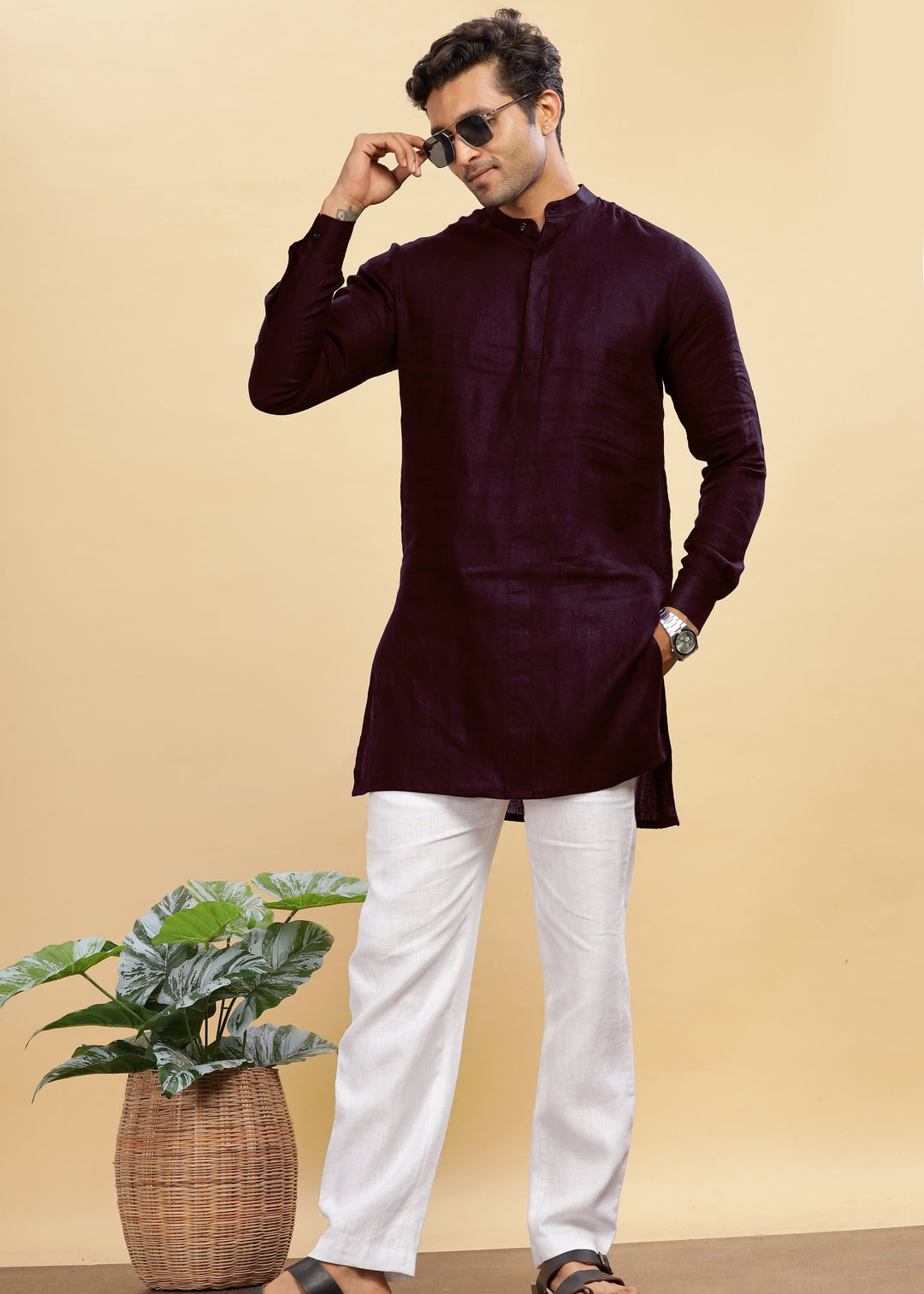 Sid Kurta Set - Pure Linen Long Kurta Set with Concealed Placket | Dark Purple & White