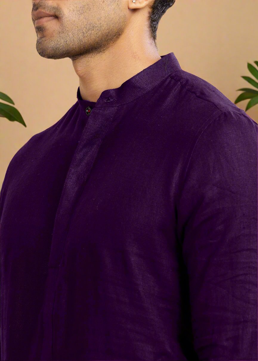 Sid Kurta - Pure Linen Long Kurta with Concealed Placket | Dark Purple