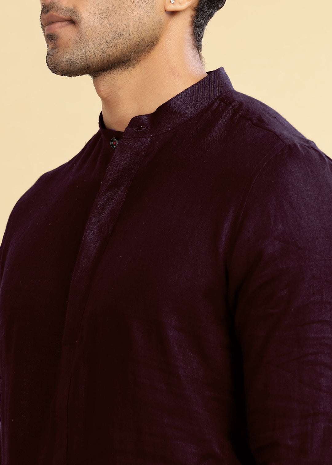 Sid Kurta Set - Pure Linen Long Kurta Set with Concealed Placket | Dark Purple & White
