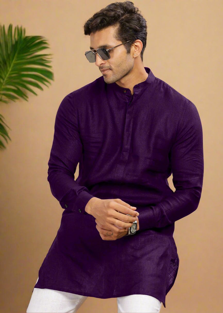 Sid Kurta - Pure Linen Long Kurta with Concealed Placket | Dark Purple