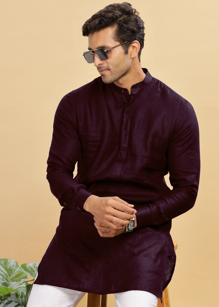 Sid Kurta Set - Pure Linen Long Kurta Set with Concealed Placket | Dark Purple & White