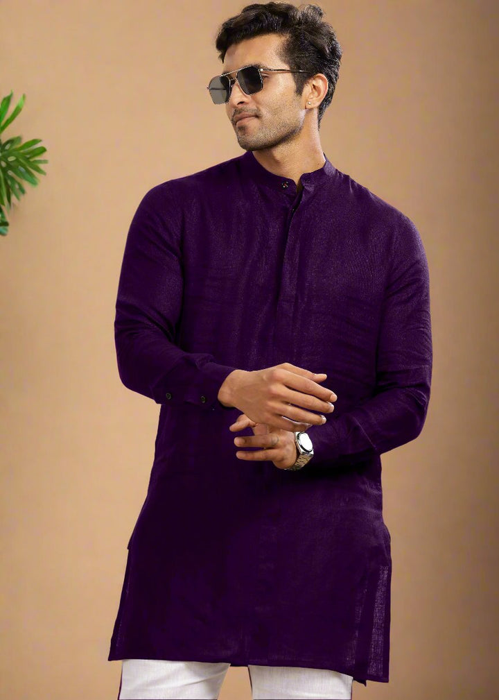 Sid Kurta - Pure Linen Long Kurta with Concealed Placket | Dark Purple