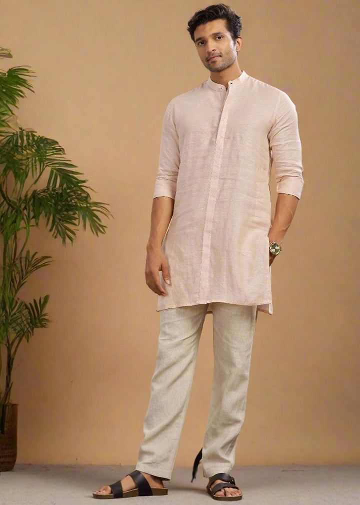 Sid Kurta - Pure Linen  Chambray Long Kurta with Concealed Placket | Beige Chambray