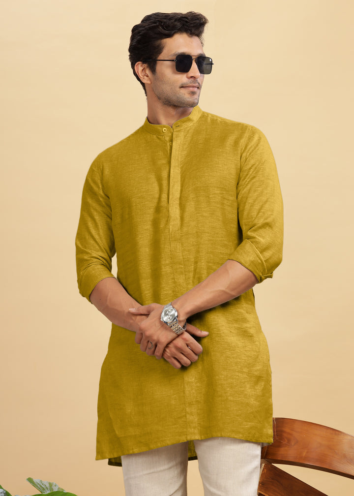 Sid Kurta - Pure Linen Long Kurta with Concealed Placket | Sunburst Yellow