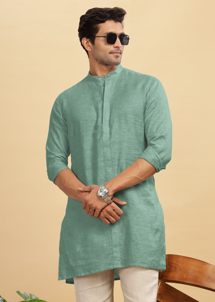 Sid Kurta - Pure Linen Long Kurta with Concealed Placket | Spring Green