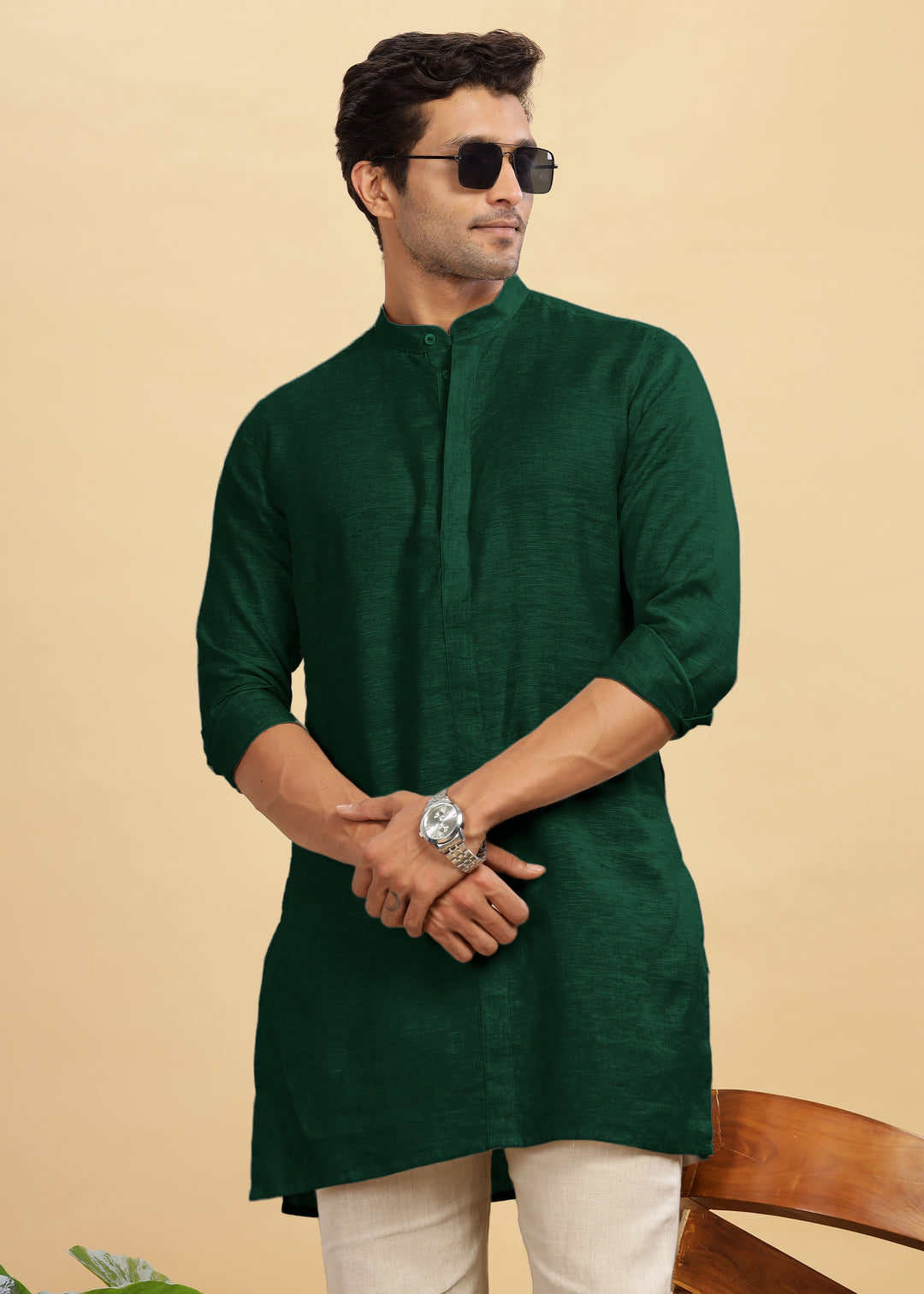 Sid Kurta - Pure Linen Long Kurta with Concealed Placket | Dark Pine Green