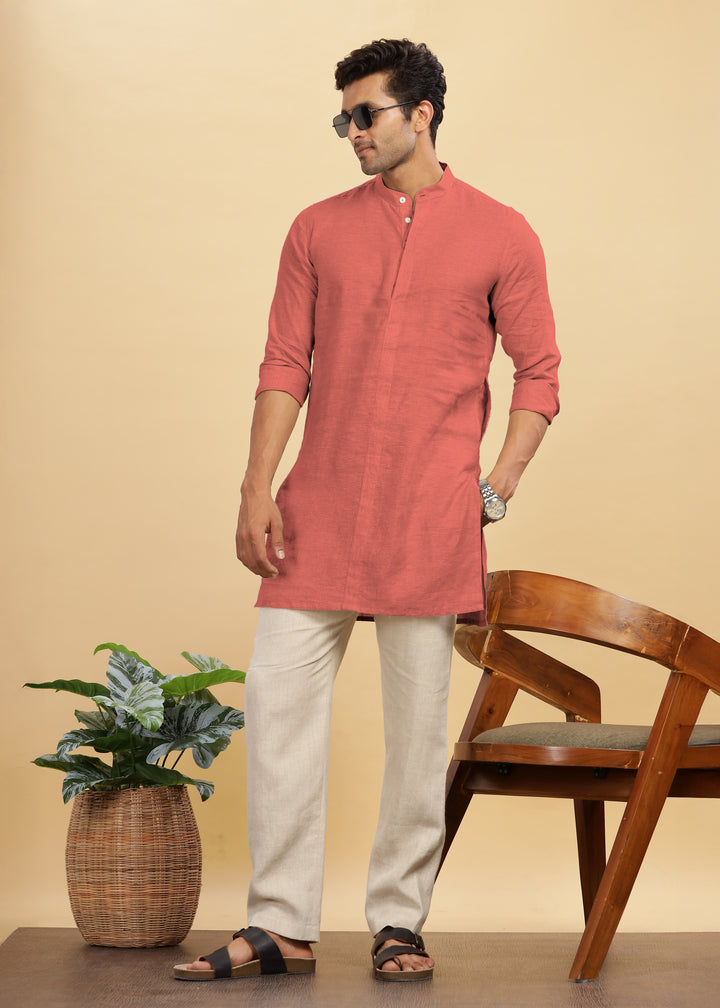 Sid Kurta - Pure Linen Long Kurta with Concealed Placket | Terracotta Red