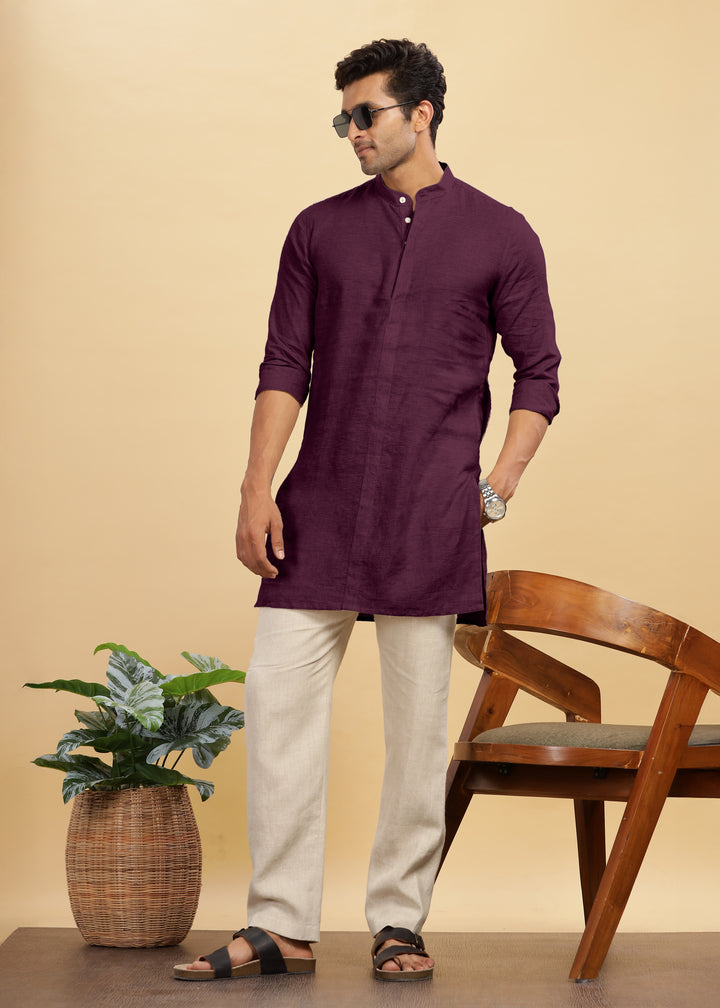 Sid Kurta - Pure Linen Long Kurta with Concealed Placket | Dark Purple