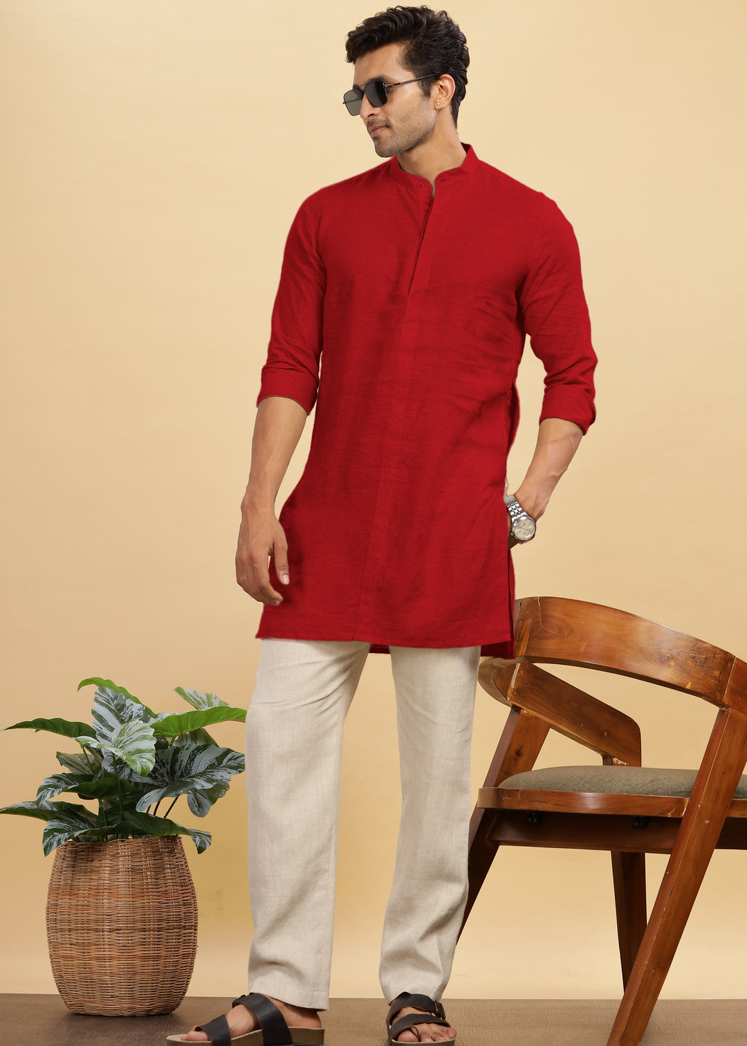 Sid Kurta - Pure Linen Long Kurta with Concealed Placket | Mud Red