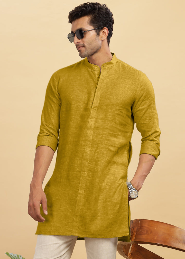 Sid Kurta - Pure Linen Long Kurta with Concealed Placket | Sunburst Yellow