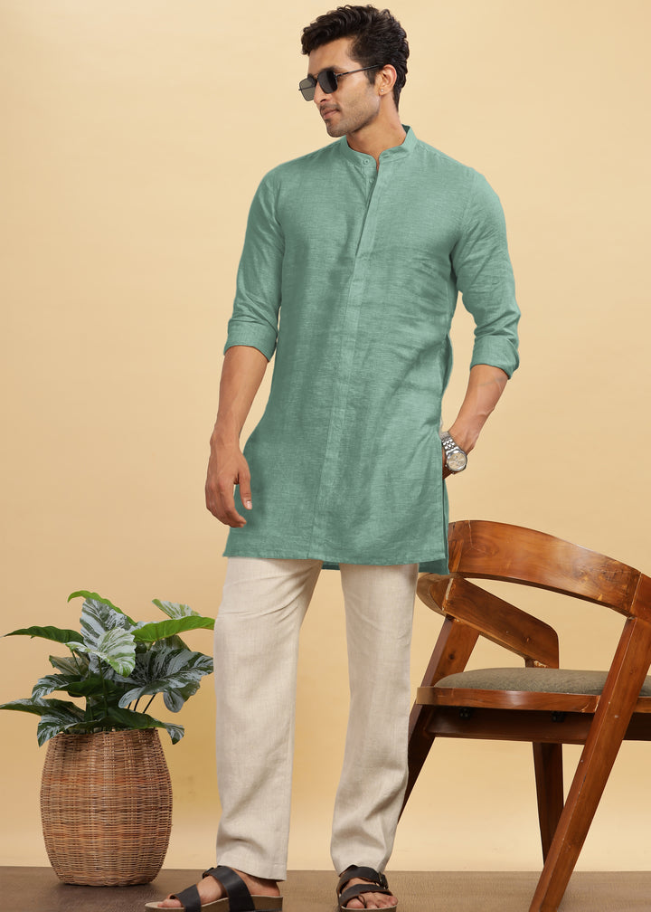 Sid Kurta - Pure Linen Long Kurta with Concealed Placket | Spring Green