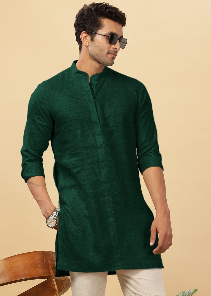 Sid Kurta - Pure Linen Long Kurta with Concealed Placket | Dark Pine Green