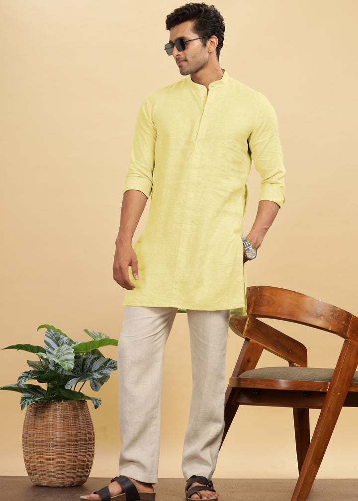 Sid Kurta - Pure Linen Long Kurta with Concealed Placket | Pistachio Yellow