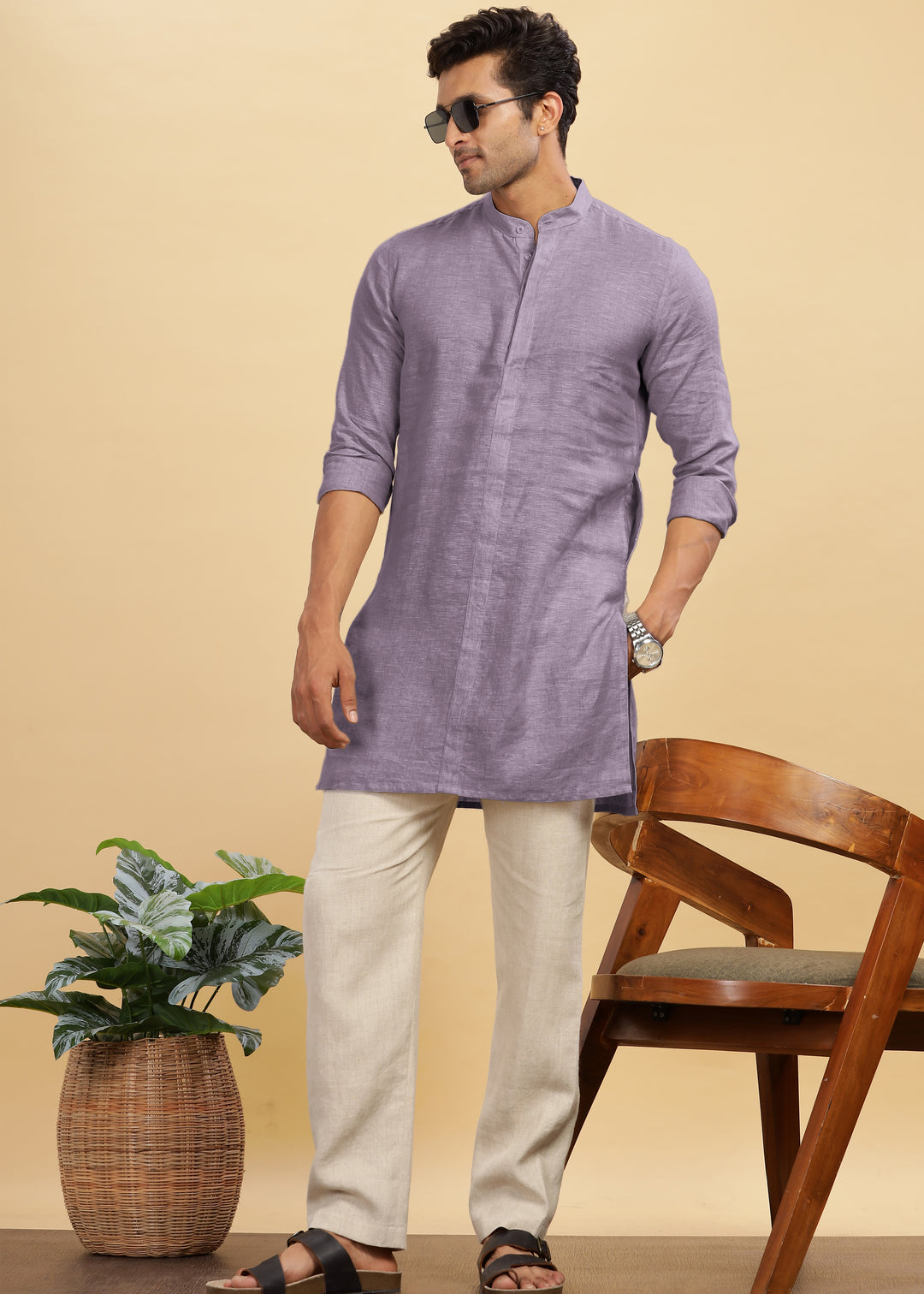 Sid Kurta - Pure Linen Long Kurta with Concealed Placket | Misty Lilac