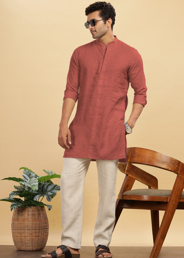 Sid Kurta - Pure Linen Long Kurta with Concealed Placket | Terracotta Red