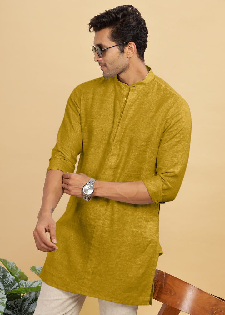 Sid Kurta - Pure Linen Long Kurta with Concealed Placket | Sunburst Yellow