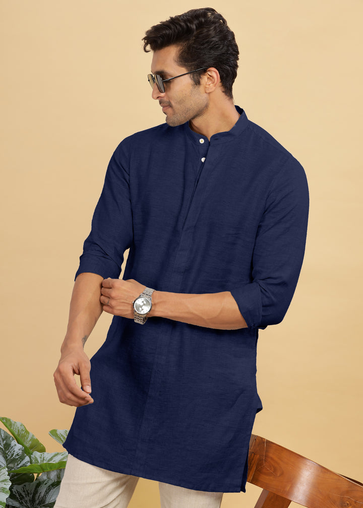 Sid Kurta - Pure Linen Long Kurta with Concealed Placket | Dark Blue