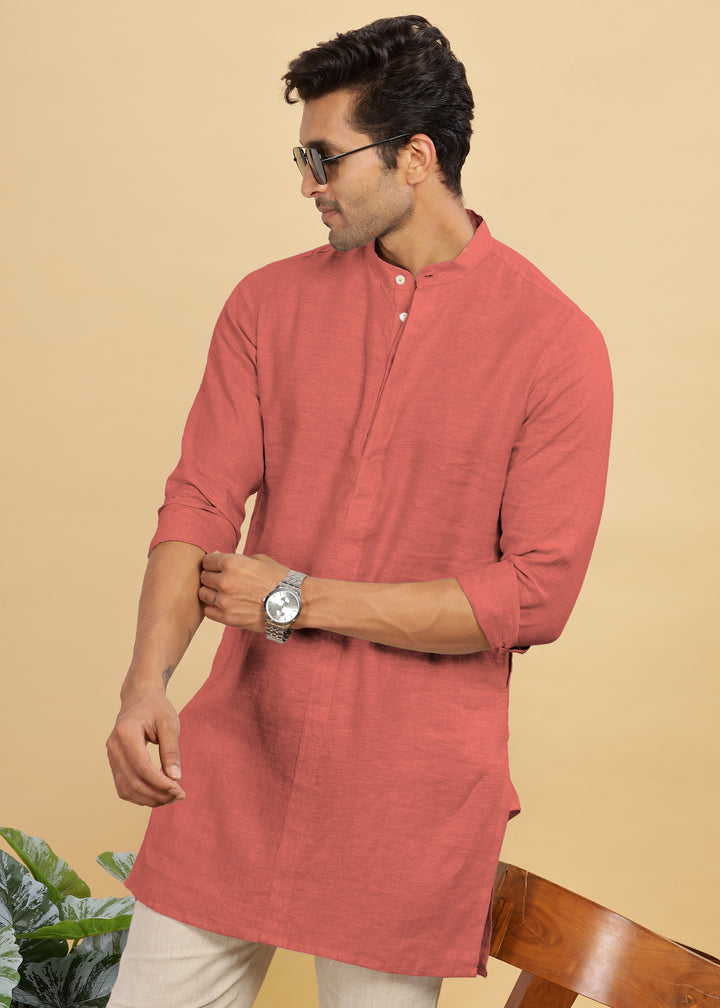 Sid Kurta - Pure Linen Long Kurta with Concealed Placket | Terracotta Red