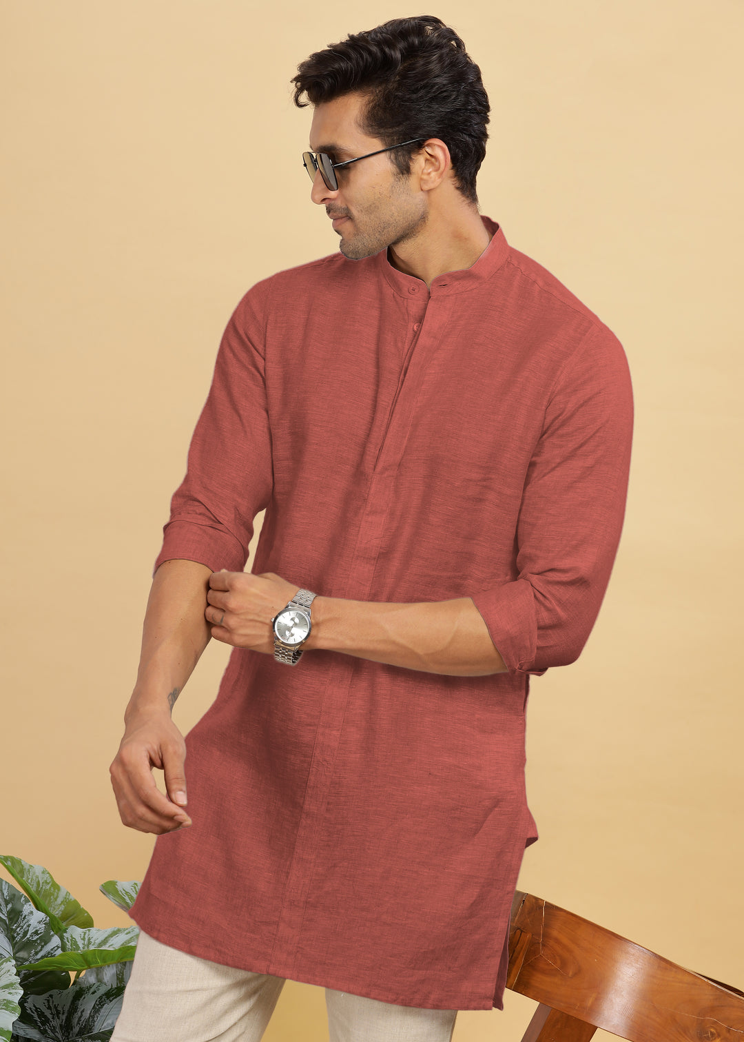 Sid Kurta - Pure Linen Long Kurta with Concealed Placket | Terracotta Red