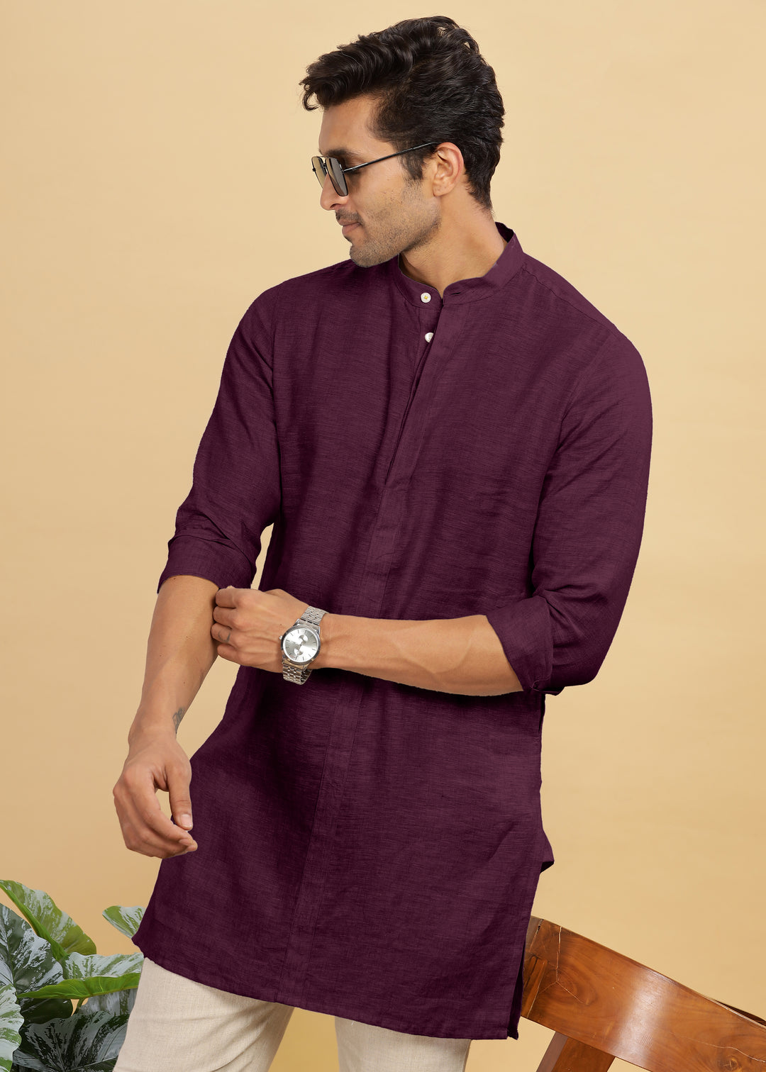 Sid Kurta - Pure Linen Long Kurta with Concealed Placket | Dark Purple