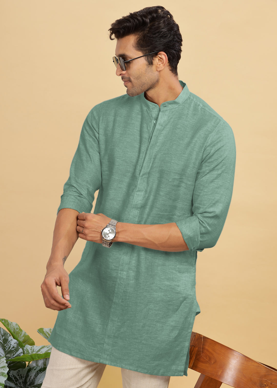 Sid Kurta - Pure Linen Long Kurta with Concealed Placket | Spring Green