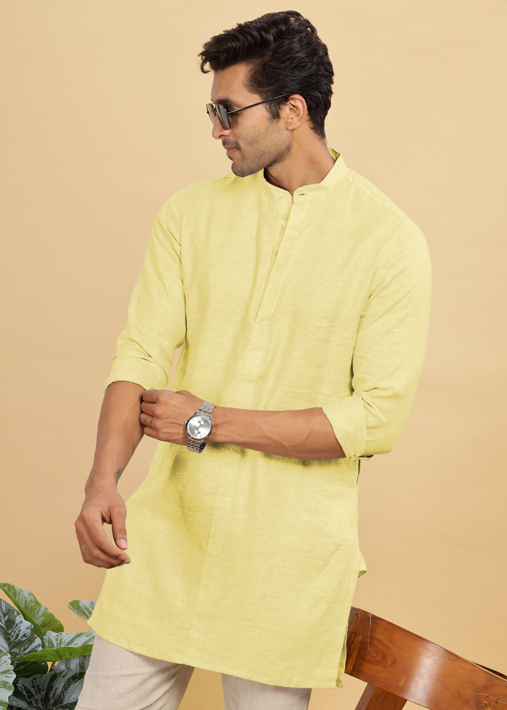 Sid Kurta - Pure Linen Long Kurta with Concealed Placket | Pistachio Yellow