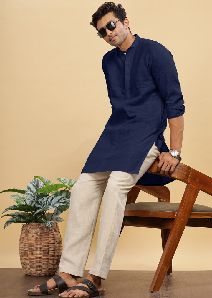 Sid Kurta - Pure Linen Long Kurta with Concealed Placket | Dark Blue