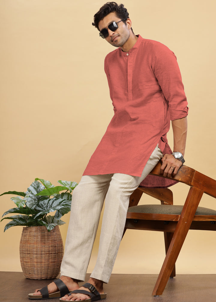 Sid Kurta - Pure Linen Long Kurta with Concealed Placket | Terracotta Red