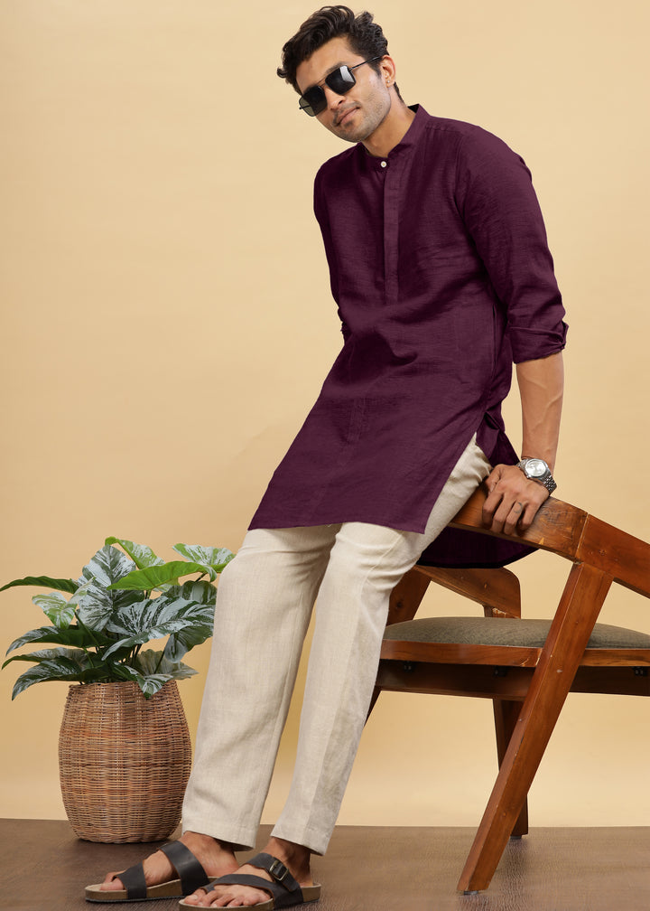 Sid Kurta - Pure Linen Long Kurta with Concealed Placket | Dark Purple