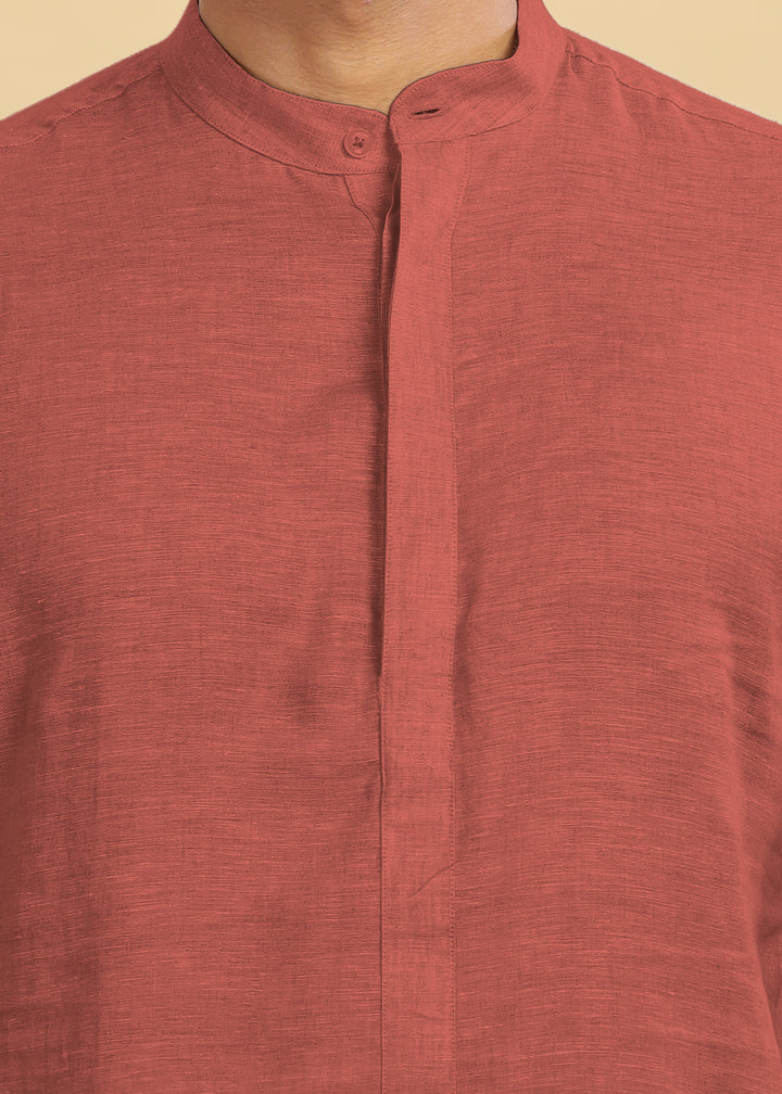 Sid Kurta - Pure Linen Long Kurta with Concealed Placket | Terracotta Red