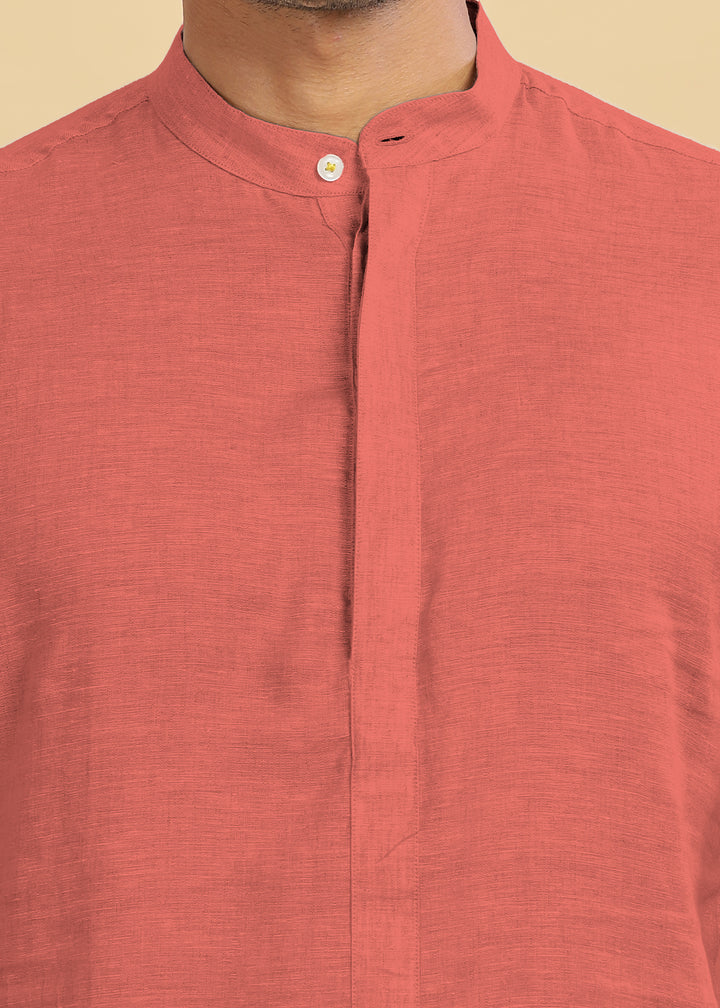 Sid Kurta - Pure Linen Long Kurta with Concealed Placket | Terracotta Red