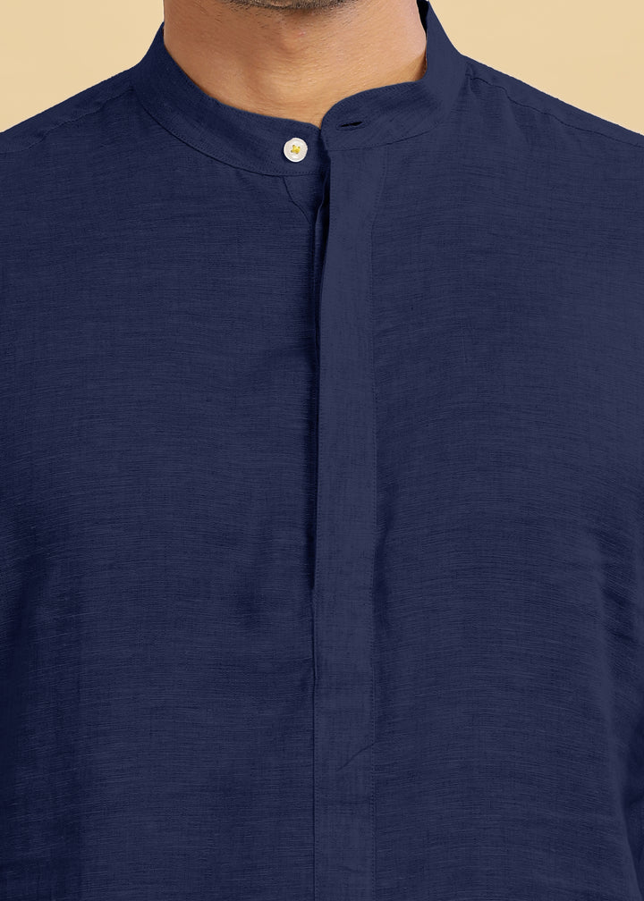 Sid Kurta - Pure Linen Long Kurta with Concealed Placket | Dark Blue
