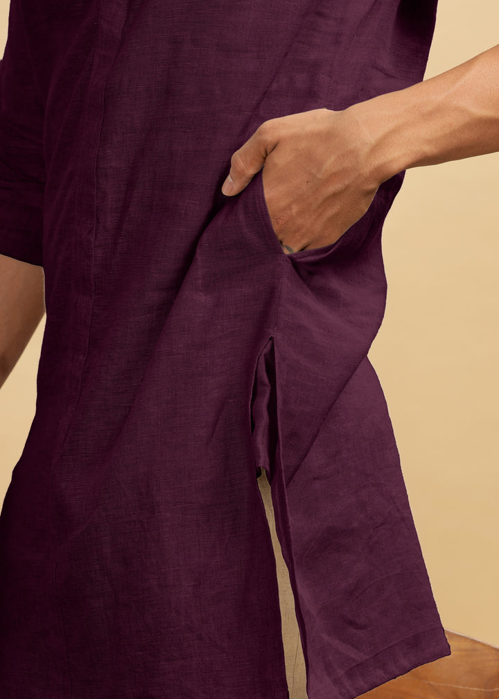 Sid Kurta - Pure Linen Long Kurta with Concealed Placket | Dark Purple