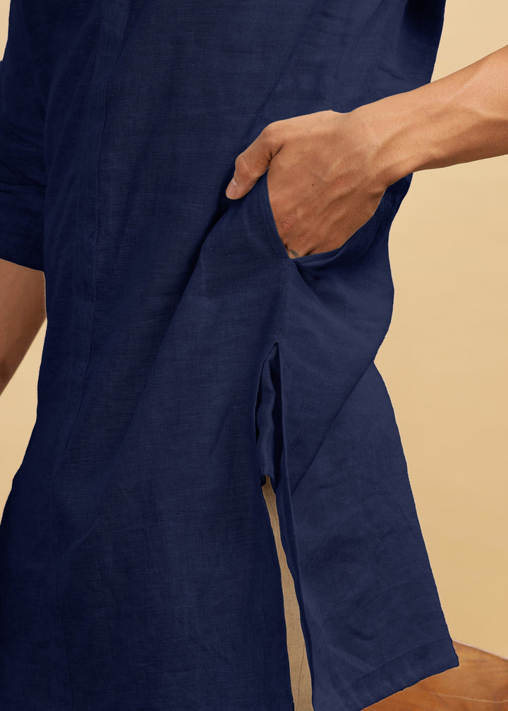 Sid Kurta - Pure Linen Long Kurta with Concealed Placket | Dark Blue