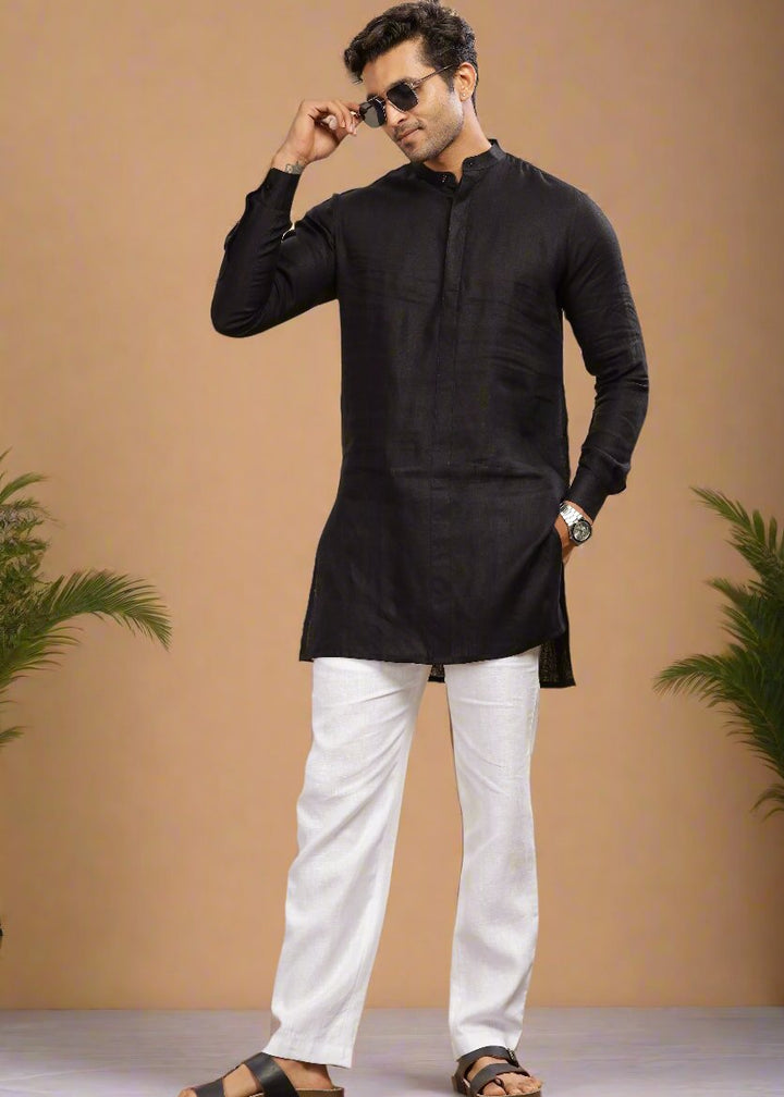 Sid Kurta - Pure Linen Long Kurta with Concealed Placket | Black