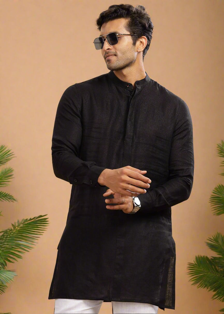 Sid Kurta - Pure Linen Long Kurta with Concealed Placket | Black