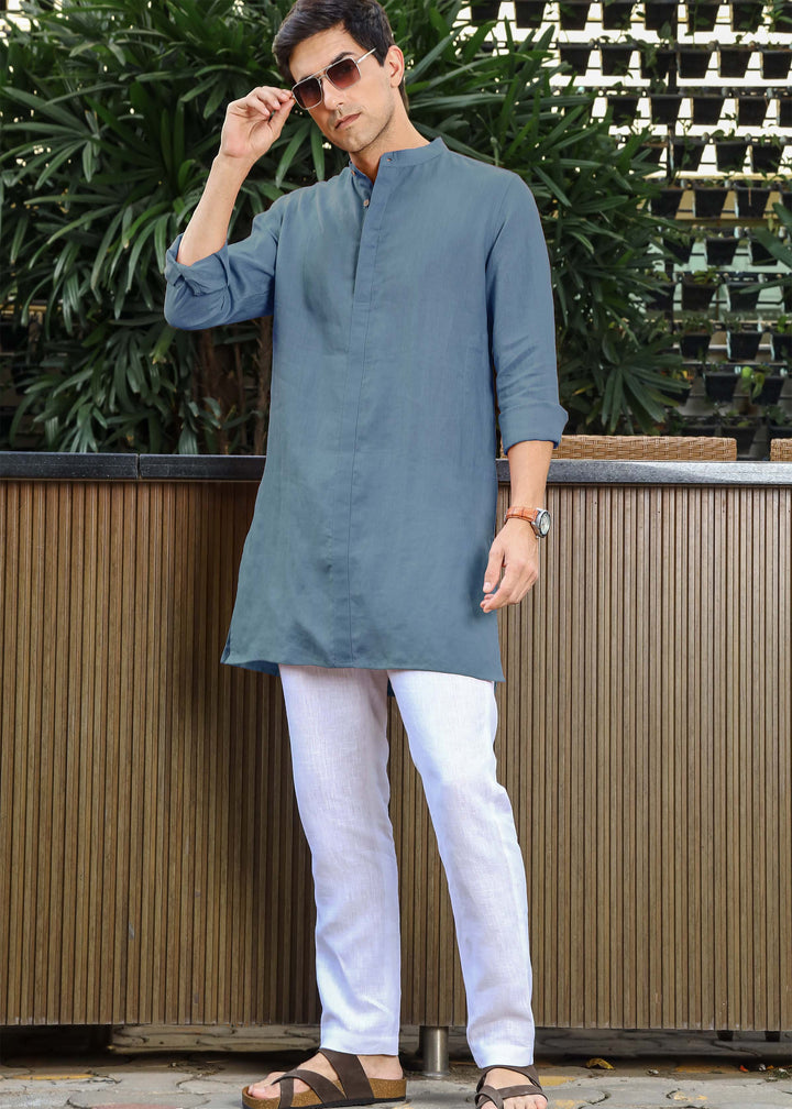 Sid Kurta - Pure Linen Kurta with Concealed Placket | Blue Grey