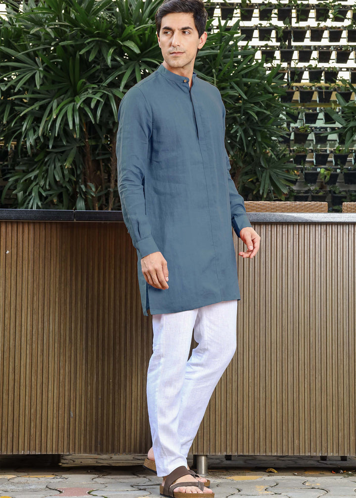 Sid Kurta - Pure Linen Kurta with Concealed Placket | Blue Grey