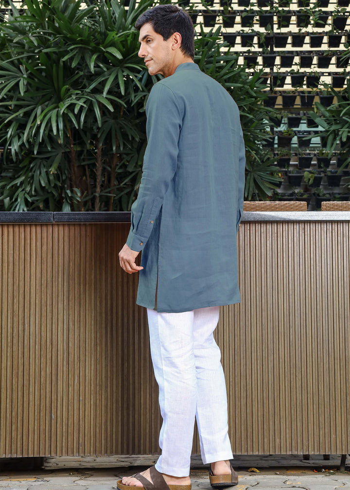 Sid Kurta - Pure Linen Kurta with Concealed Placket | Blue Grey