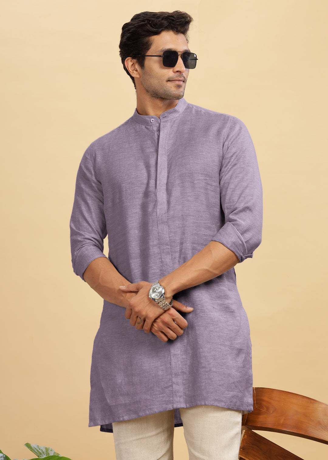 Sid Kurta - Pure Linen Long Kurta with Concealed Placket | Misty Lilac