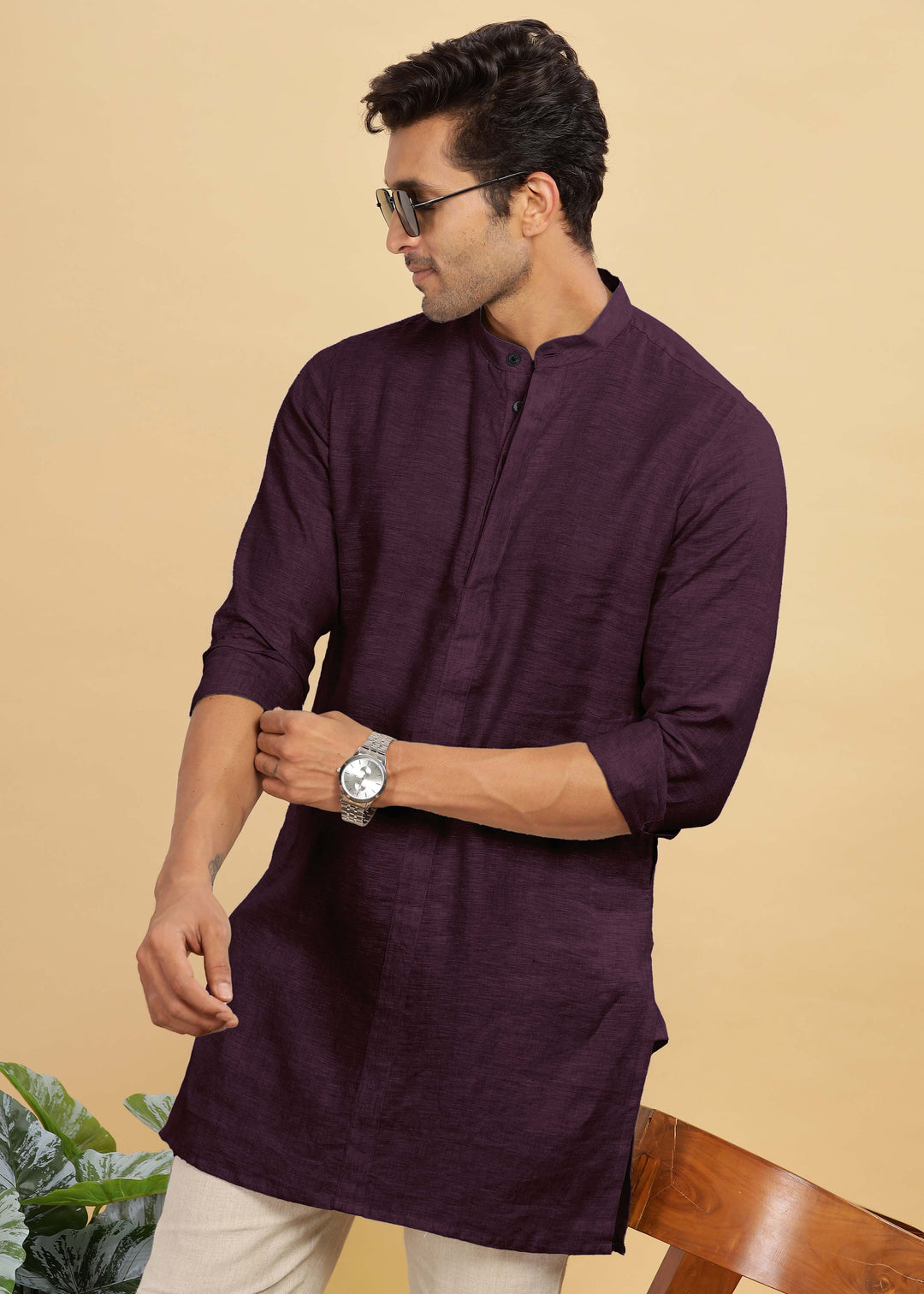 Sid Kurta 100% Pure Linen in Dark Purple with Band Collar crafted in 60 LEA