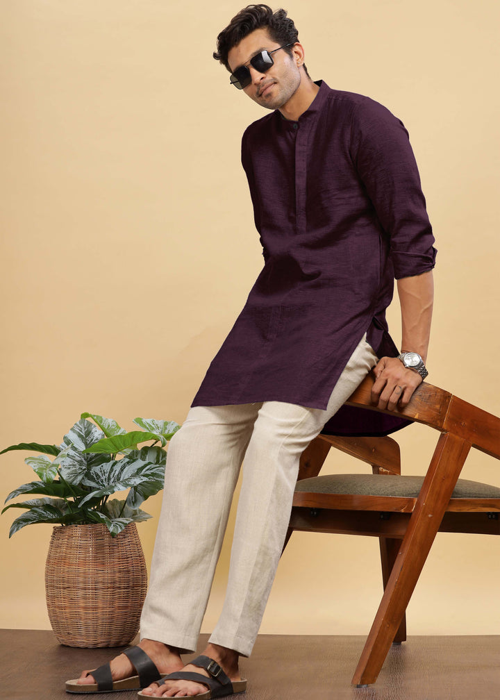 Sid Kurta 100% Pure Linen in Dark Purple with Band Collar crafted in 60 LEA